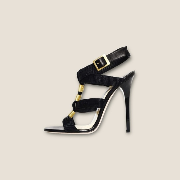 Jimmy Choo Black Waxed Leather ‘Serena’ Brass Hardware Gladiator Heels Size 8.5 - Picture 4 of 16